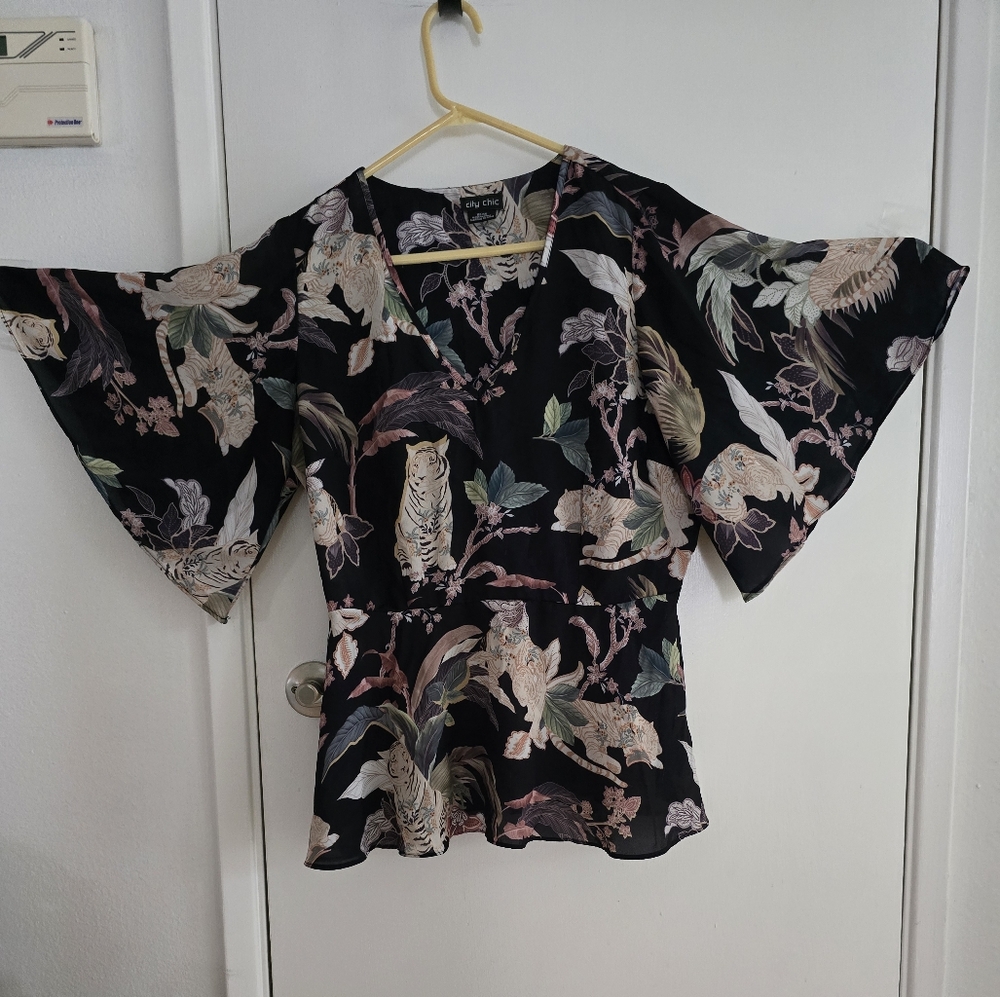 City Chic Black and Pink Floral Blouse